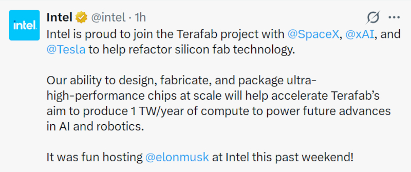 Intel объединилась с SpaceX, xAI и Tesla для создания мощнейшего производства чипов TeraFab